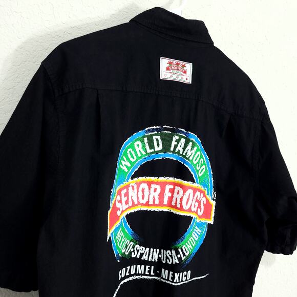 Senor Frogs Mens Shirt Size Medium Black Button Front Short Sleeves Cott… - Picture 13 of 14